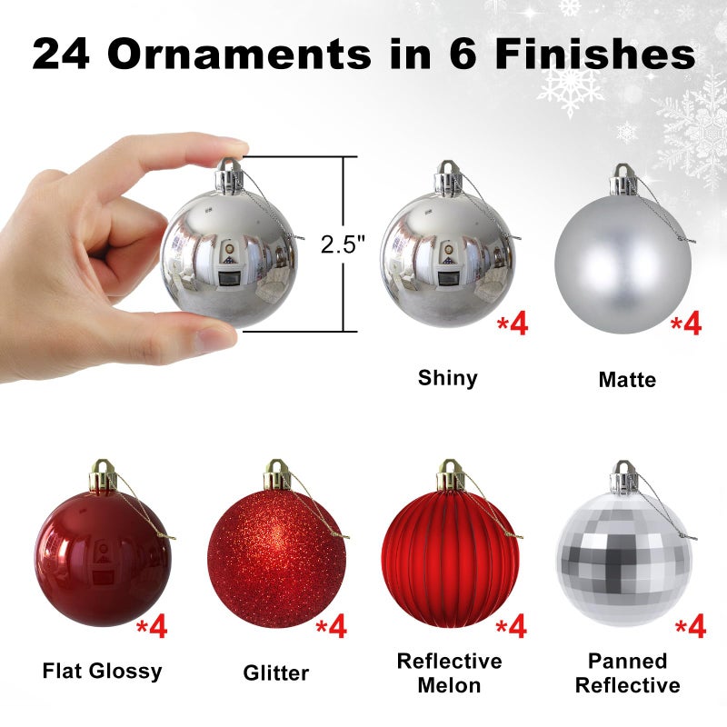 GameXcel 24Pcs Christmas Balls Ornaments for Xmas Tree - Shatterproof Christmas Tree Decorations Medium Hanging Ball Silver & Red 2.5 Inch x 24 Pack - Image 2
